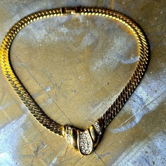 Signed Erwin Pearl Collar Necklace Snake Chain Rhinestones Vintage 4055 Y - Picture 1 of 9